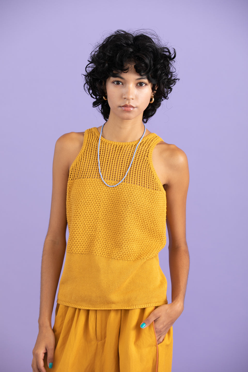 Linen cotton mesh tank-top