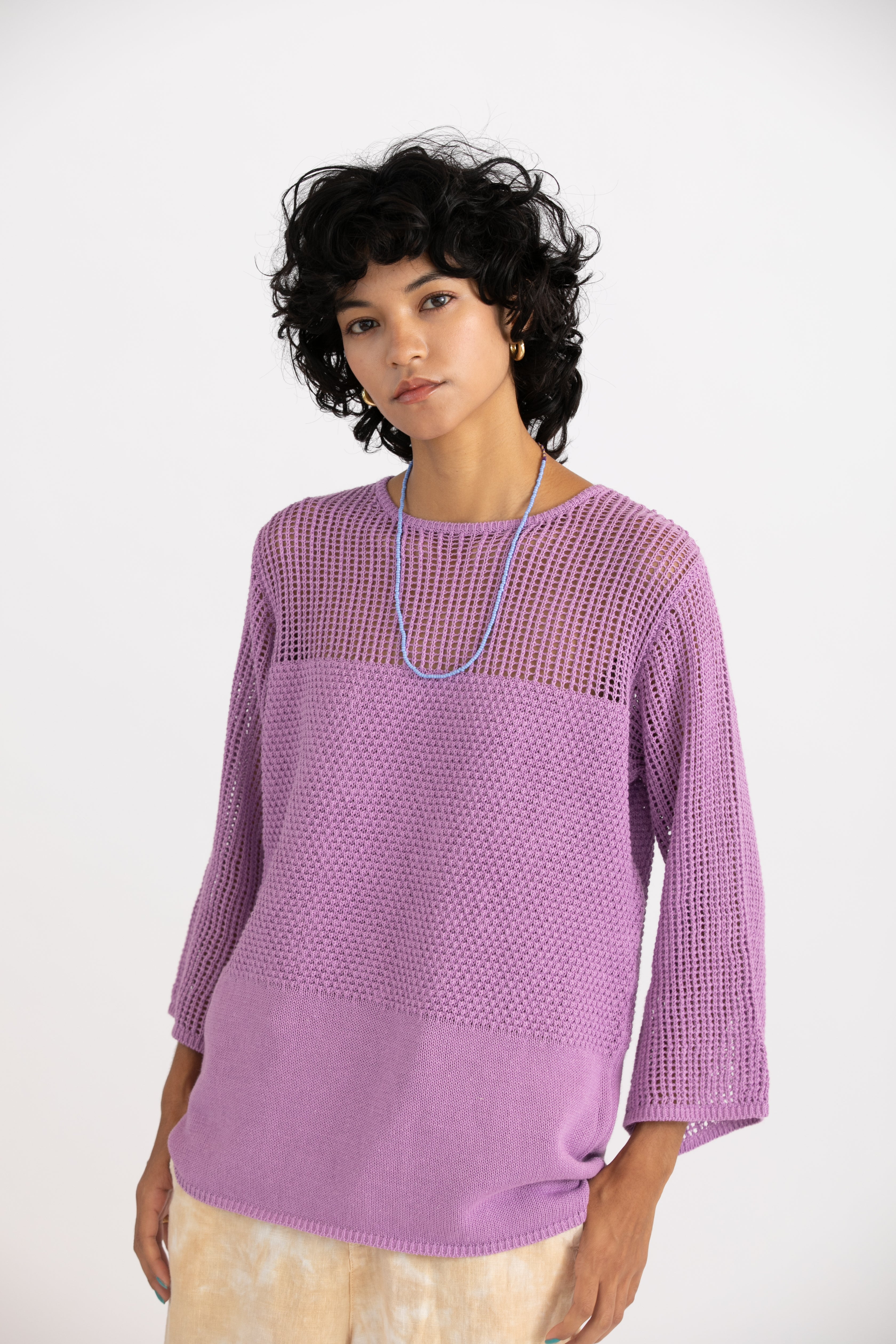 Linen cotton mesh pullover