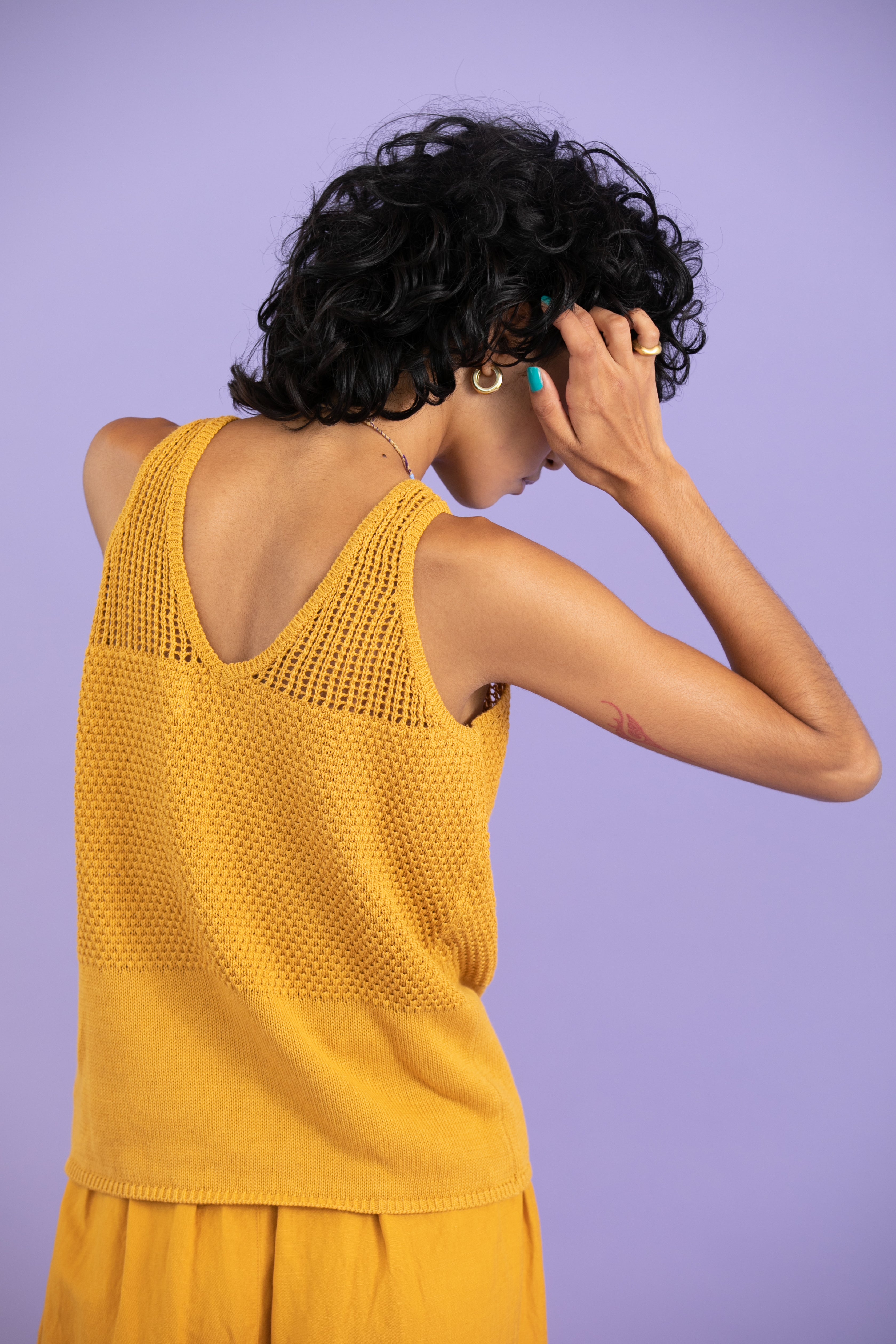 Linen cotton mesh tank-top