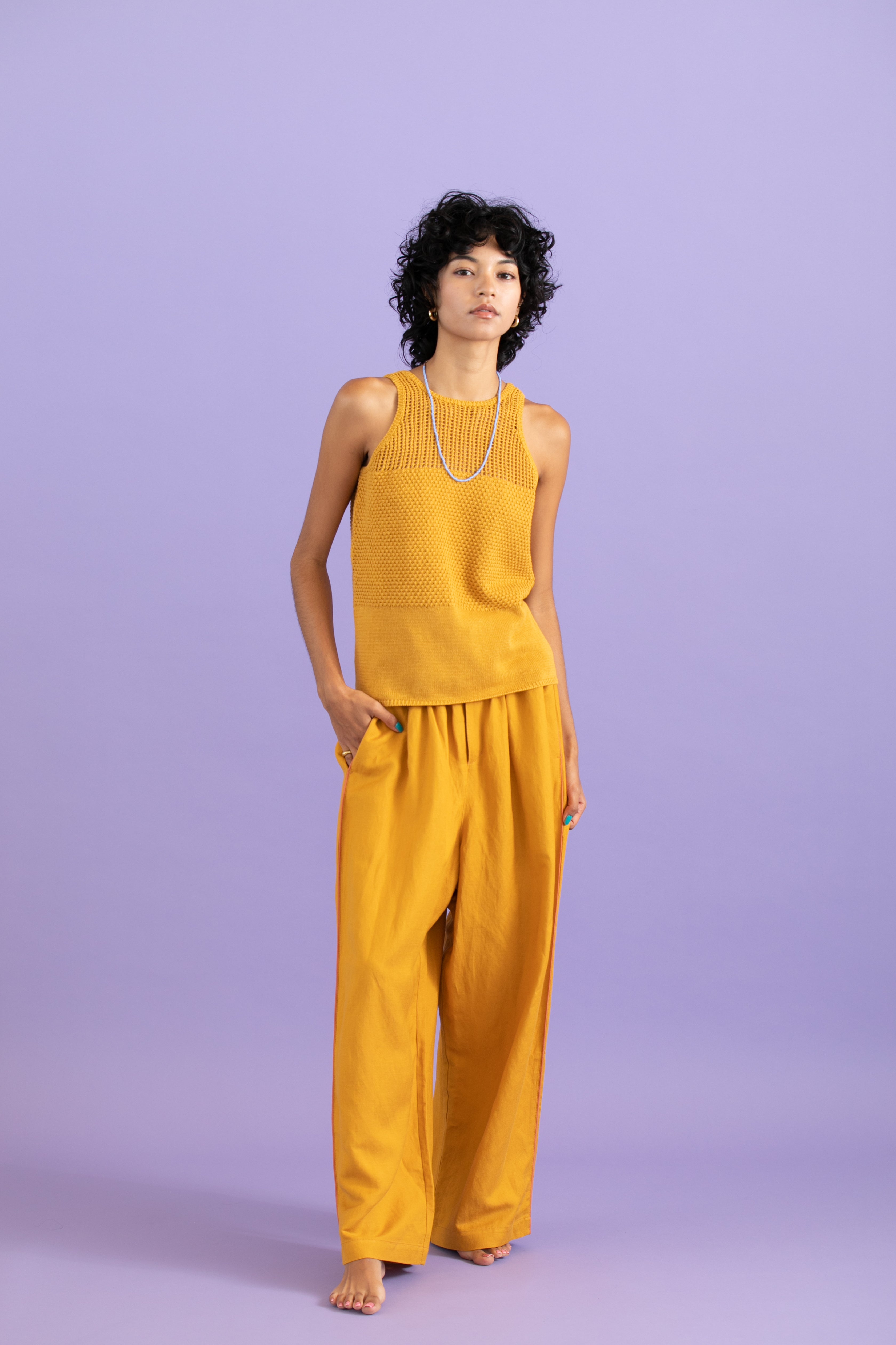 Linen cotton mesh tank-top